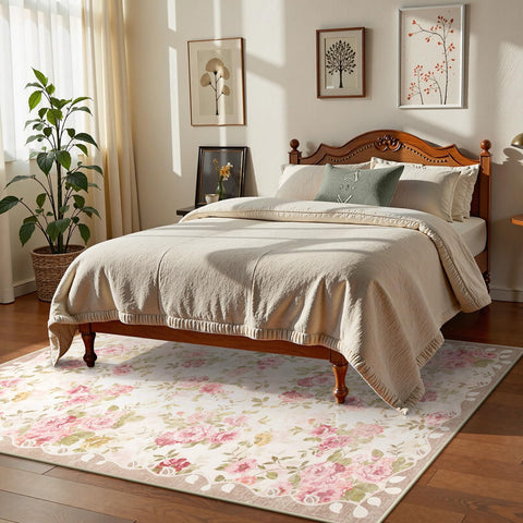 Lahome floral rug in living room scene with boho style and soft texture