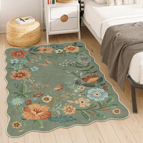Lahome floral washable rug 4x6 green, closeup flower pattern enhances bedroom coziness