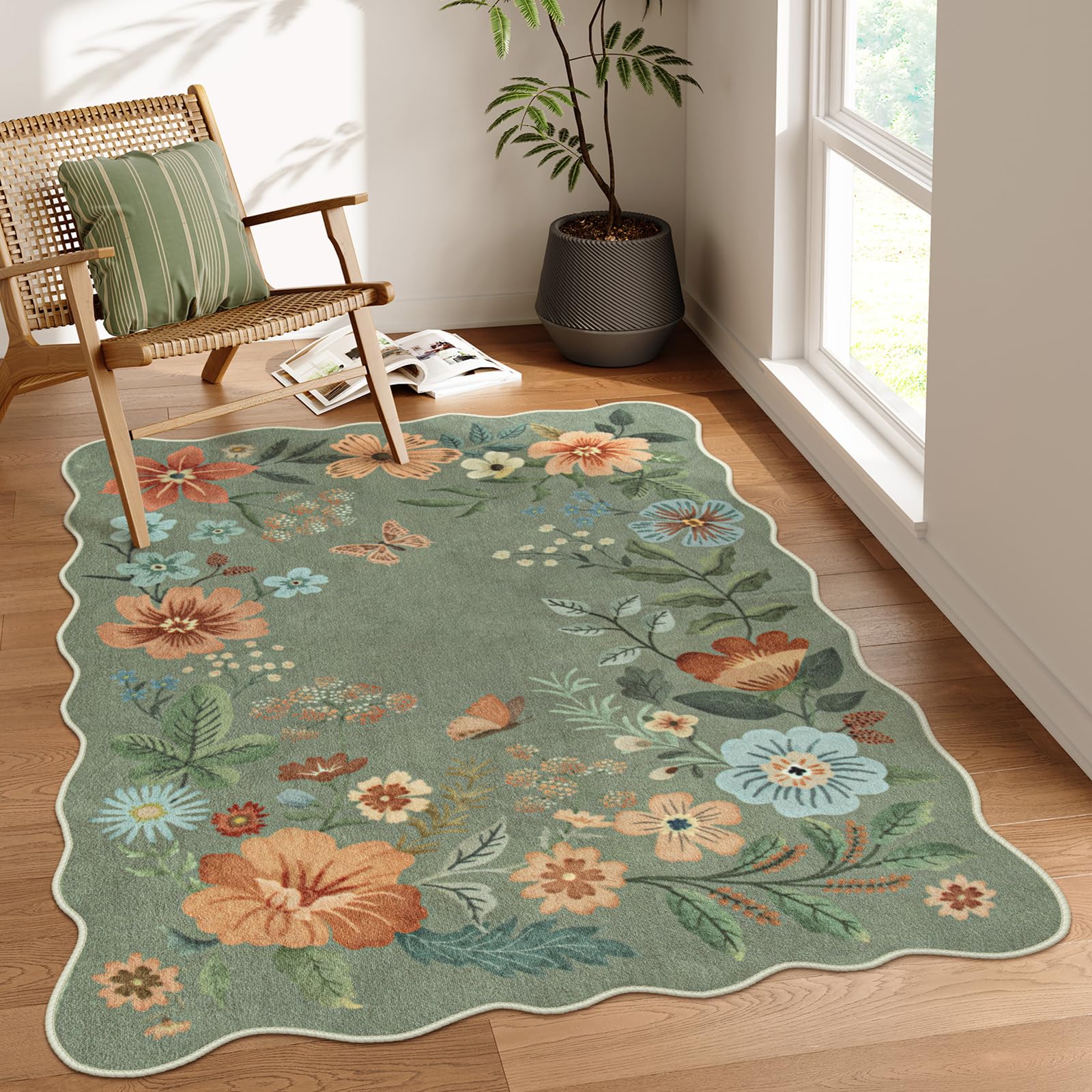 Lahome floral washable rug 4x6 green, front view, adds vibrant boho style to living spaces
