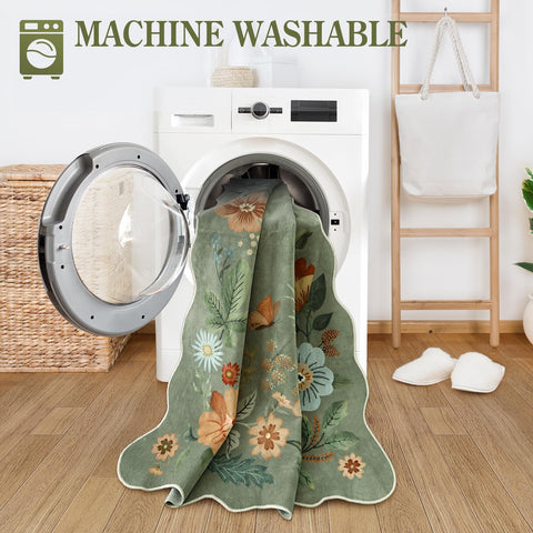 Lahome floral washable rug 4x6 green, non-slip backing helps it stay in place