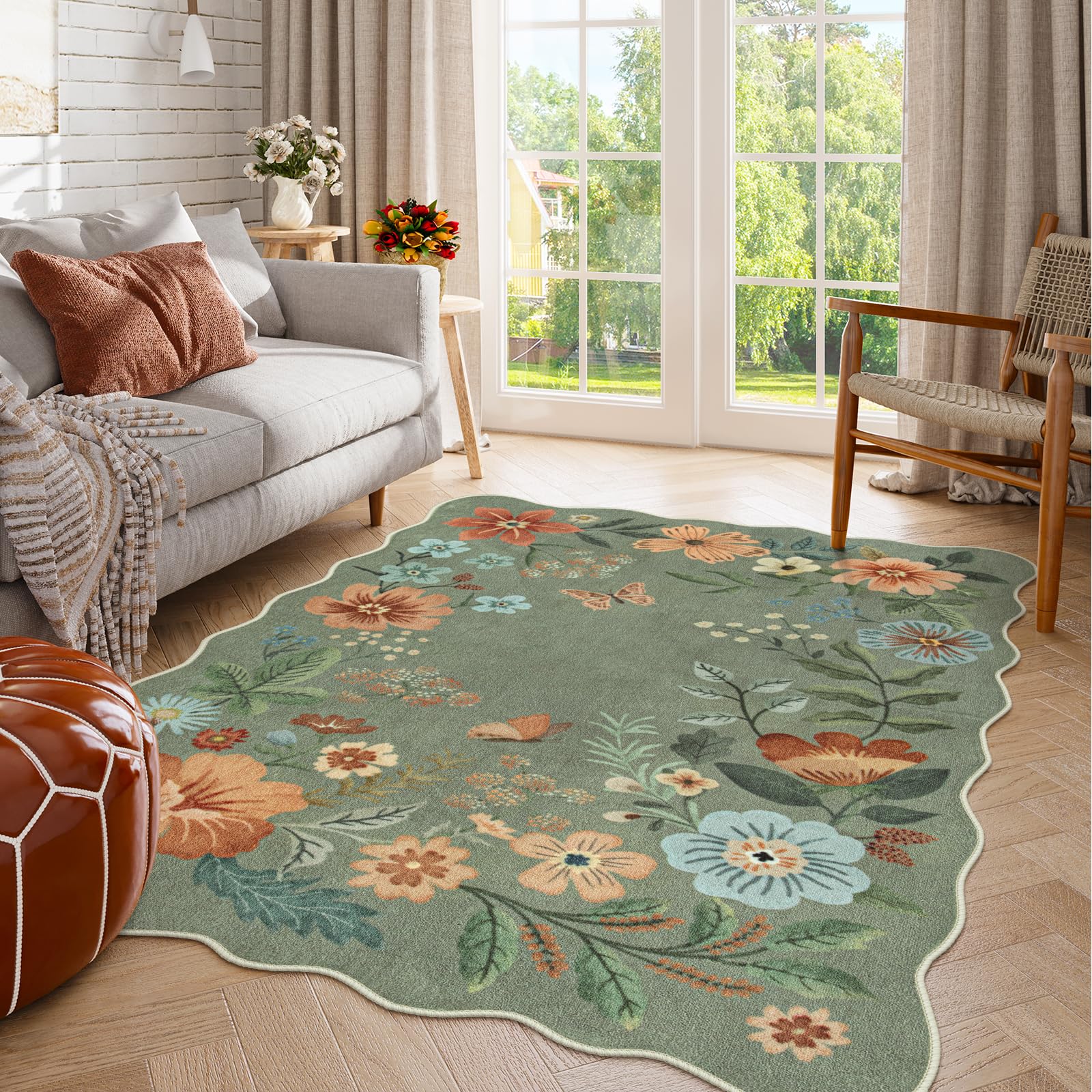 Lahome floral washable rug 4x6 green, ultra-thin pile feels soft underfoot