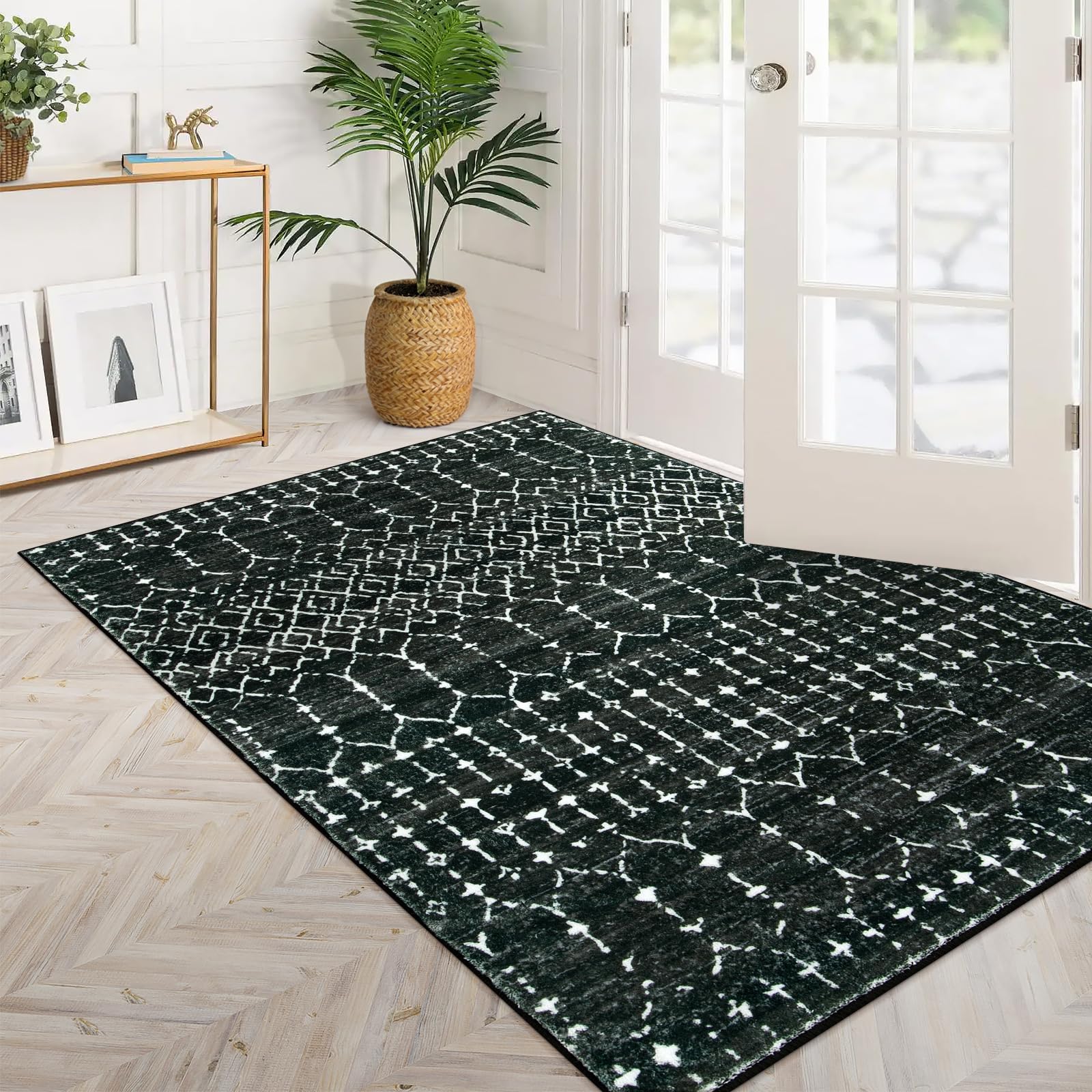 Lahome geometric print rug adds style to entryways and dining rooms.