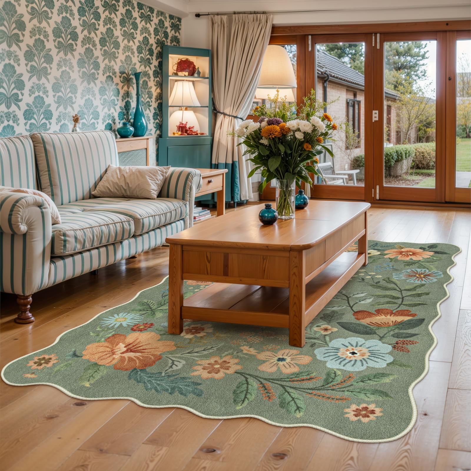 Lahome green floral rug soft texture enhances daily comfort for family living.