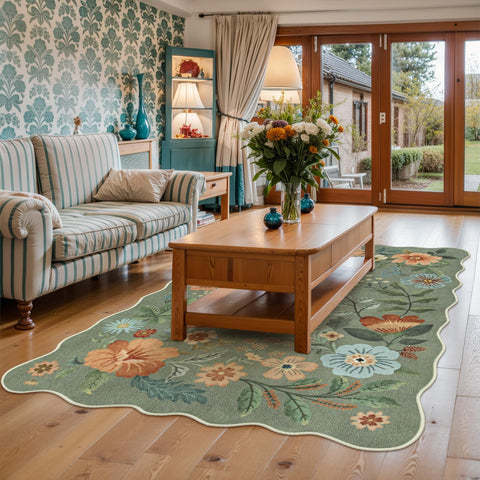 Lahome green floral rug soft texture enhances daily comfort for family living.
