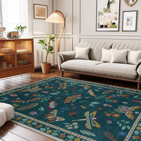 Lahome insect and plant design rug adds natural style to any room.