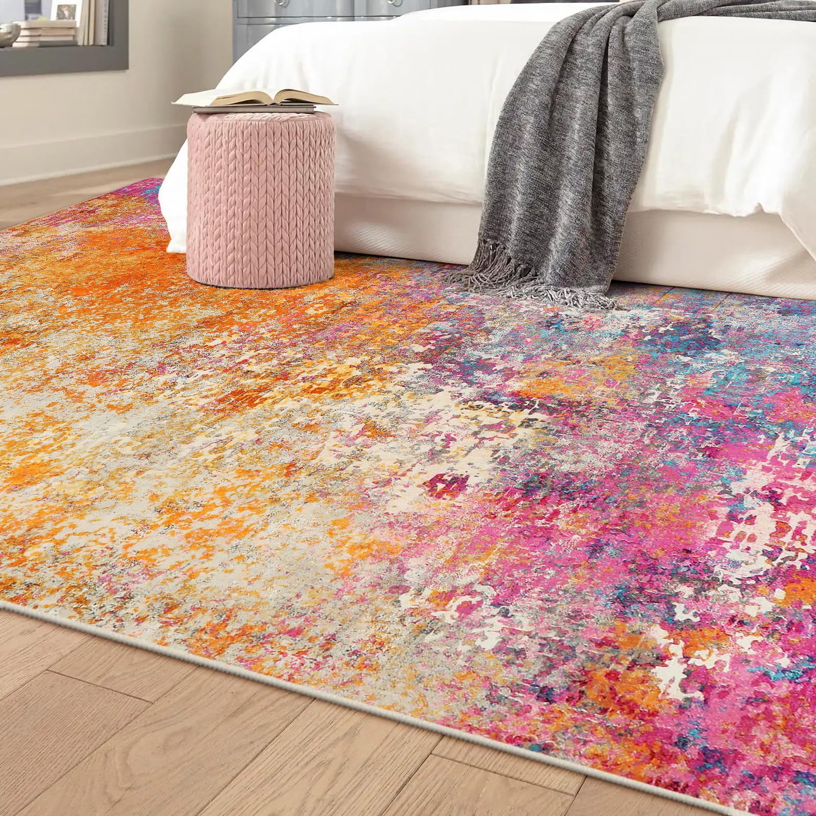 Lahome Abstract Area Rug suits living rooms with vibrant accents and easy placement.