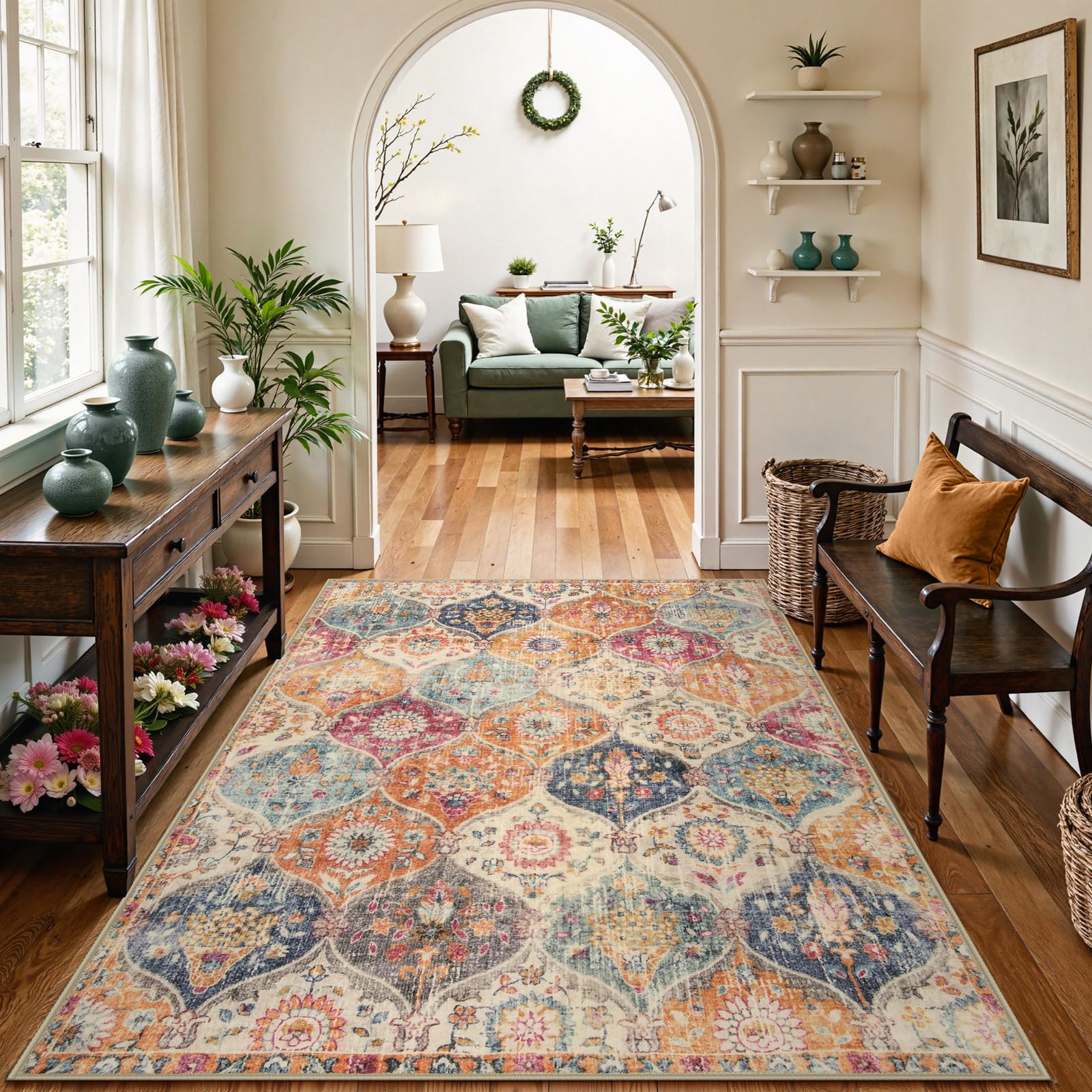 Lahome machine-washable vintage rug simplifies cleaning and refresh.