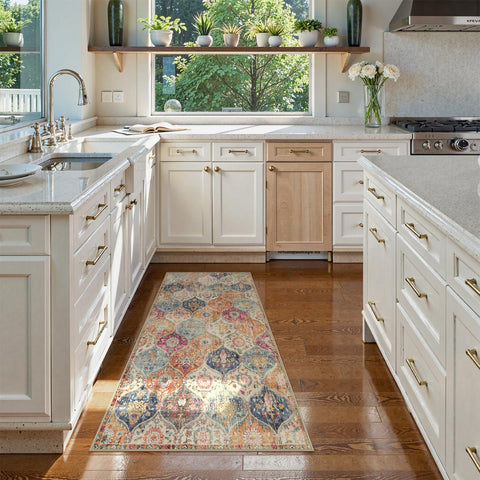 Lahome machine-washable vintage rug, easy cleanup after spills.