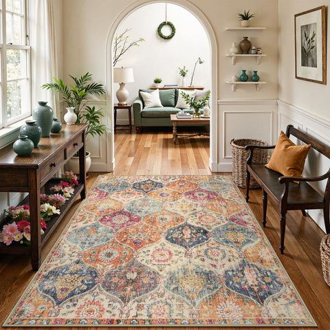 Lahome machine-washable vintage rug simplifies cleaning and refresh.