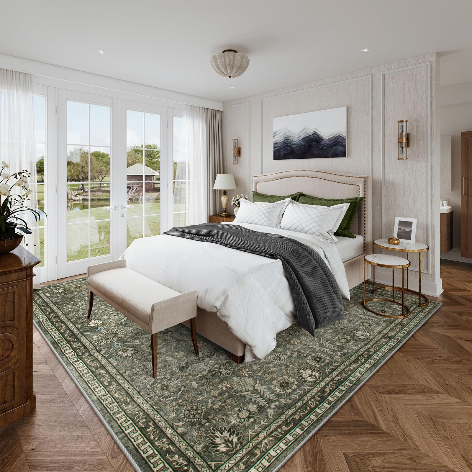 Lahome Mirae Green rug in a cozy bedroom setup for restful vibes