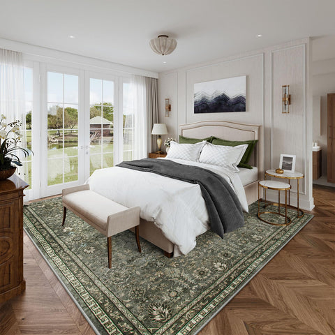 Lahome Mirae Green rug in a cozy bedroom setup for restful vibes