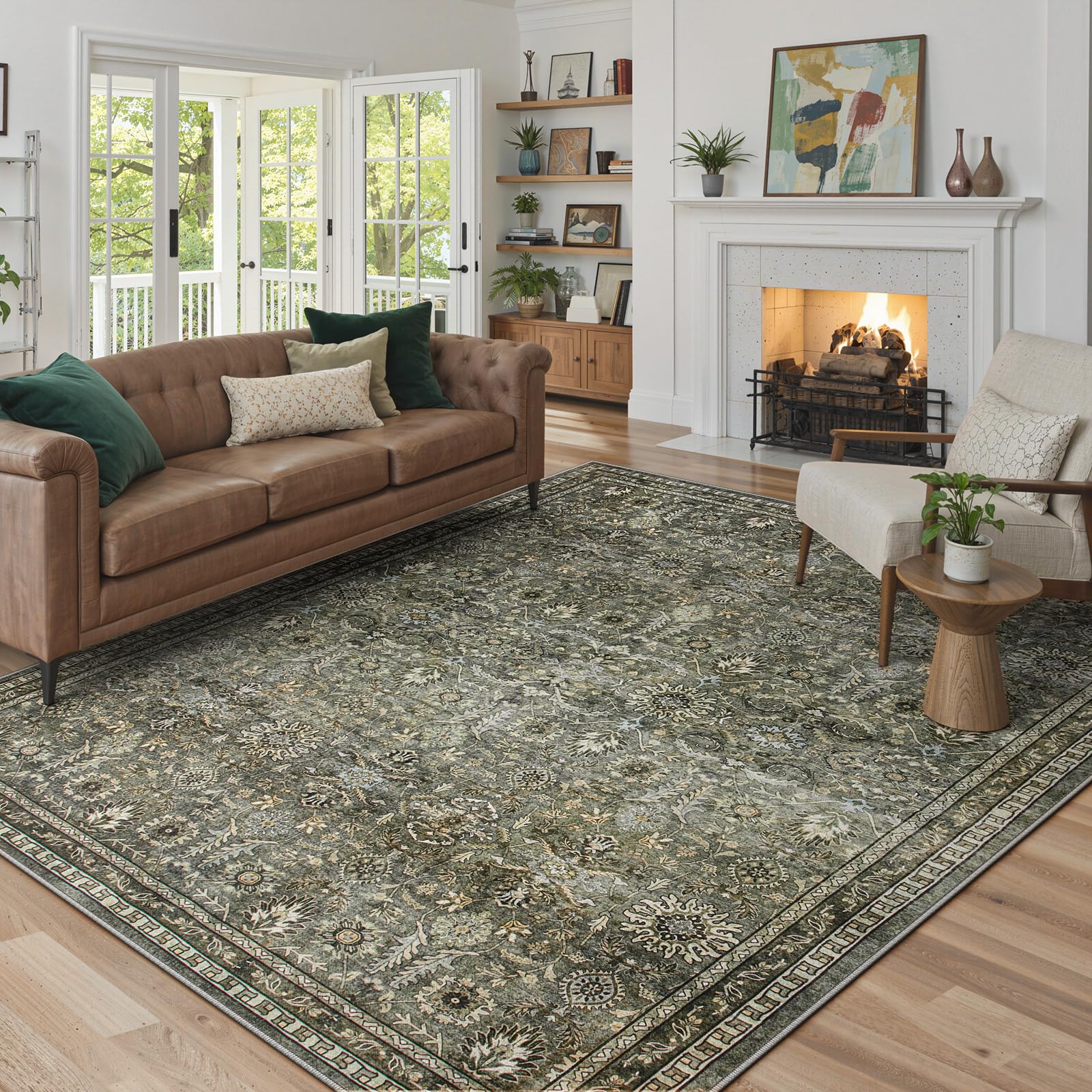 Lahome Mirae Green 8x10 rug in living room with soft non-slip surface