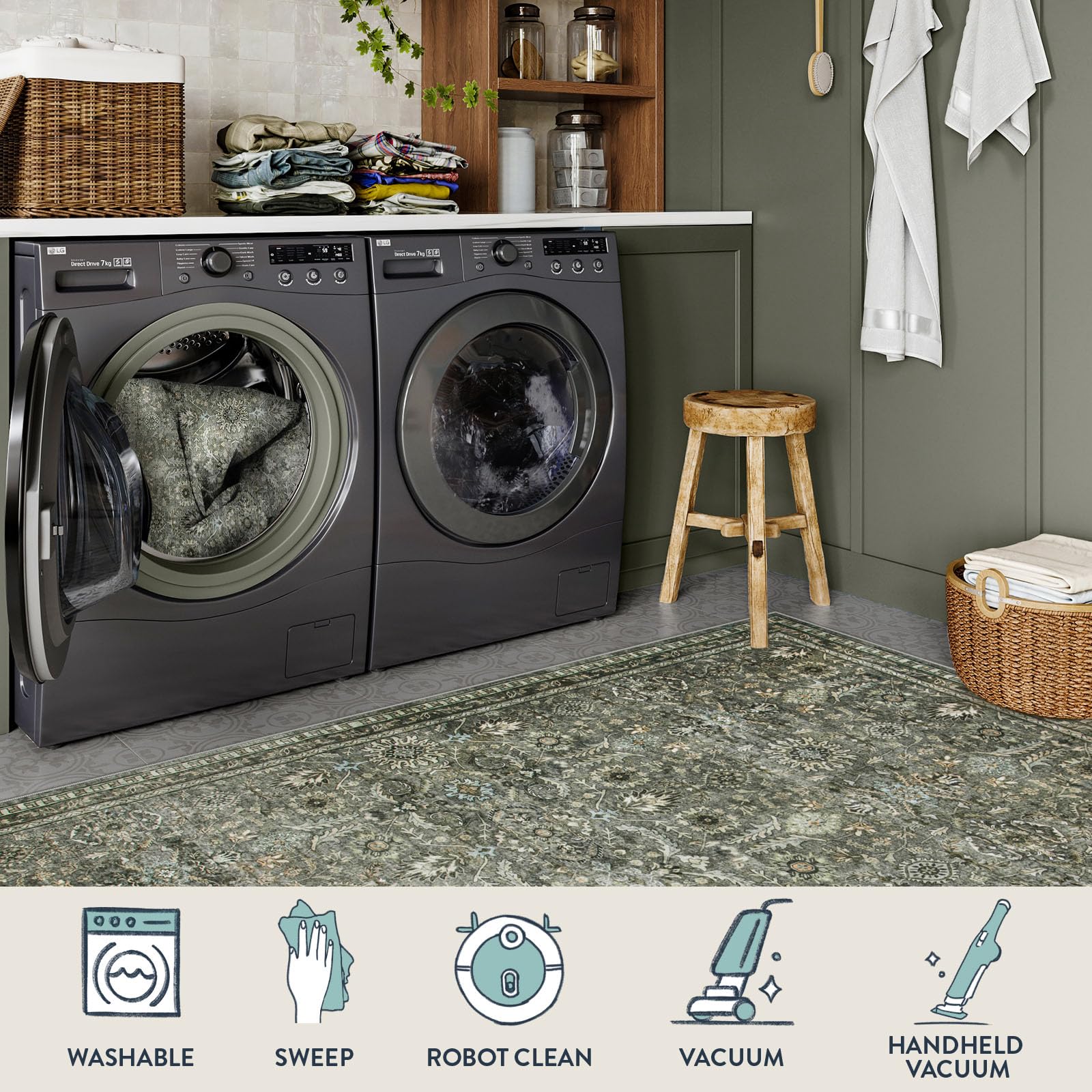 Lahome Mirae Green machine washable surface for easy cleanup