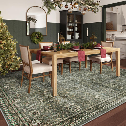Lahome Mirae Green rubber-backed rug reduces slipping on hardwood floors