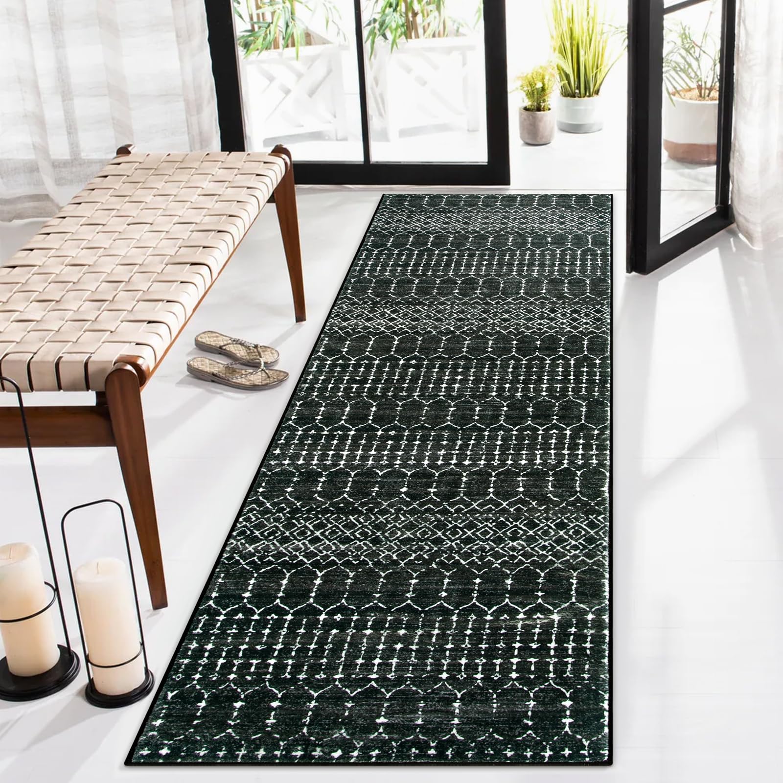 Lahome Moroccan 2x6 black runner rug with non-slip backing for safe entryways.