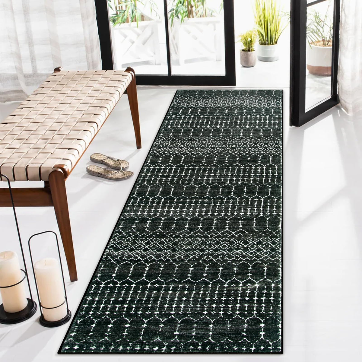Lahome Moroccan 2x6 black runner rug with non-slip backing for safe entryways.