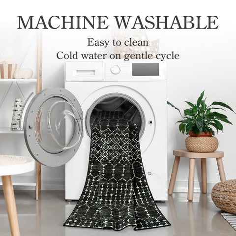 Lahome Moroccan Black 2x8 rug foldable storage view demonstrates easy portability.