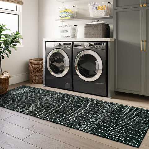 Lahome Moroccan Black 2x8 rug low-profile 0.3 inches fits under furniture.