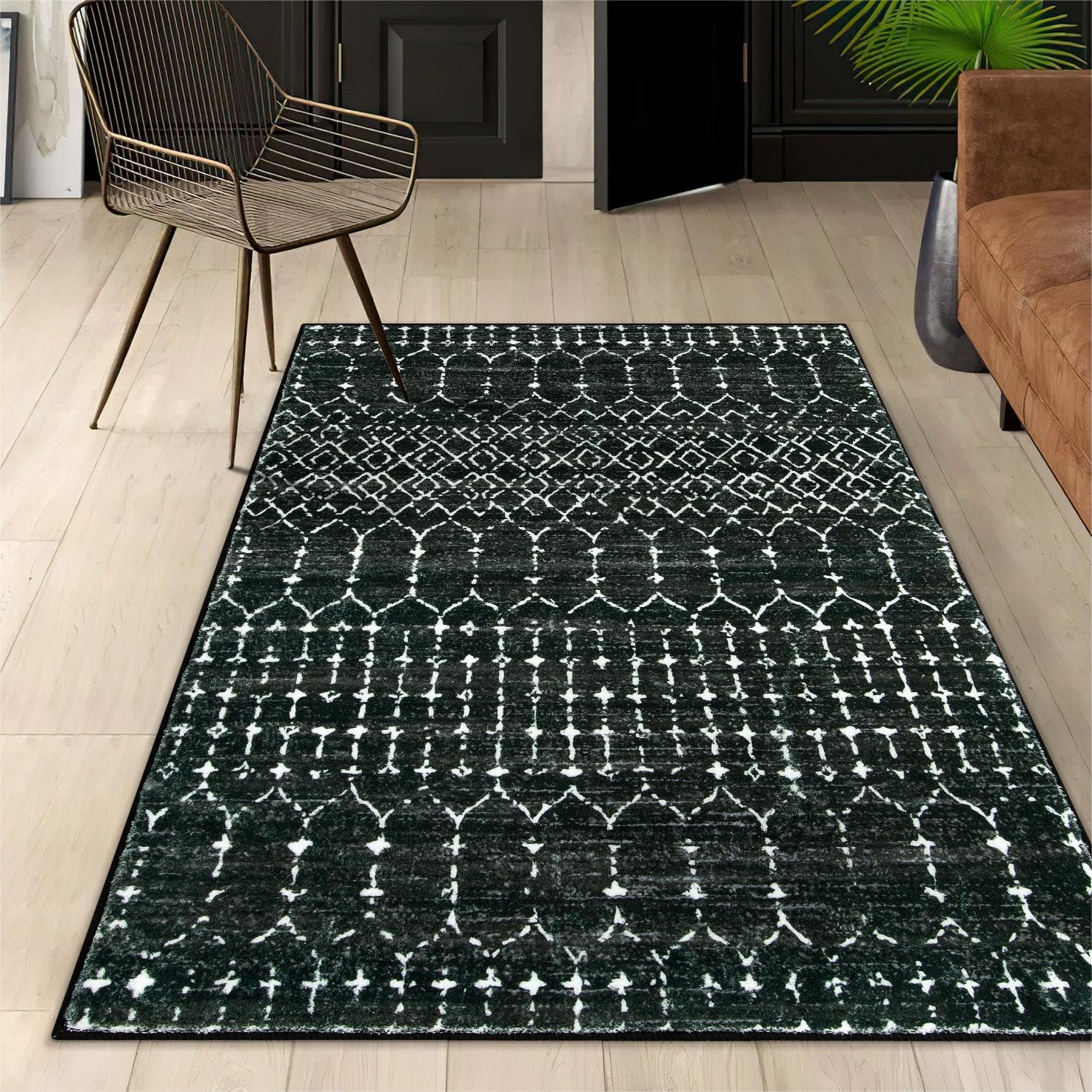 Lahome Moroccan Black Rug 3x5 with geometric pattern, ideal for living rooms.