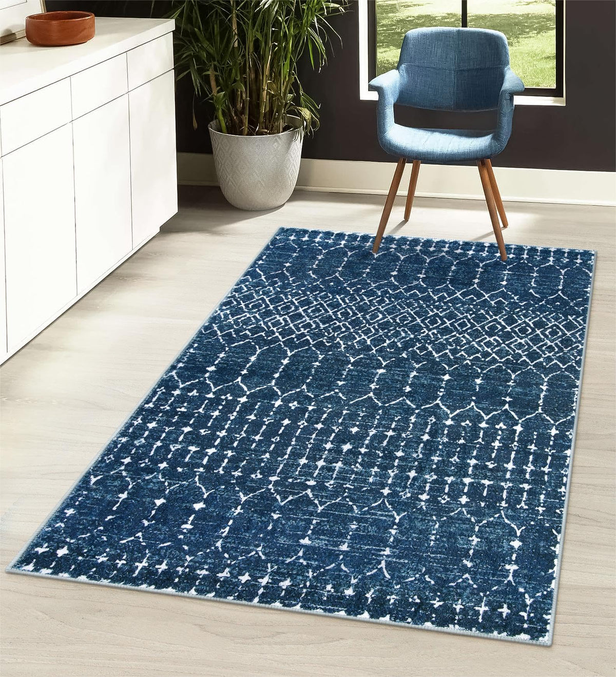 Lahome Moroccan Blue 3x5 pattern rug with geometric print for bedrooms.