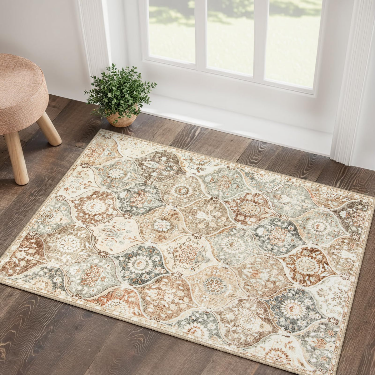 Lahome Moroccan Trellis rug front view in khaki showing subtle vintage pattern and entryway appeal