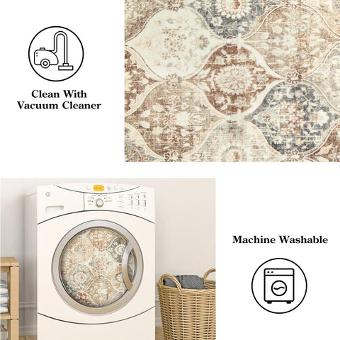 Non-slip backing on Lahome Moroccan Trellis entry rug stabilizes high-traffic areas