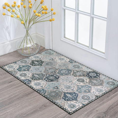 Lahome Moroccan Trellis front door mat, entrance view with vintage floral motif.