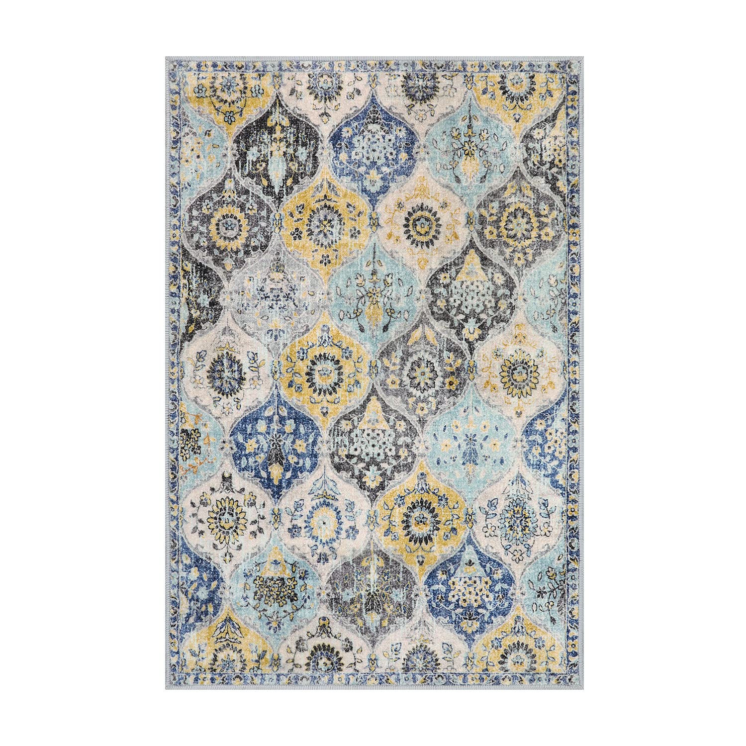 Lahome Moroccan Trellis rug yellow aqua tone adds color while guiding foot traffic.