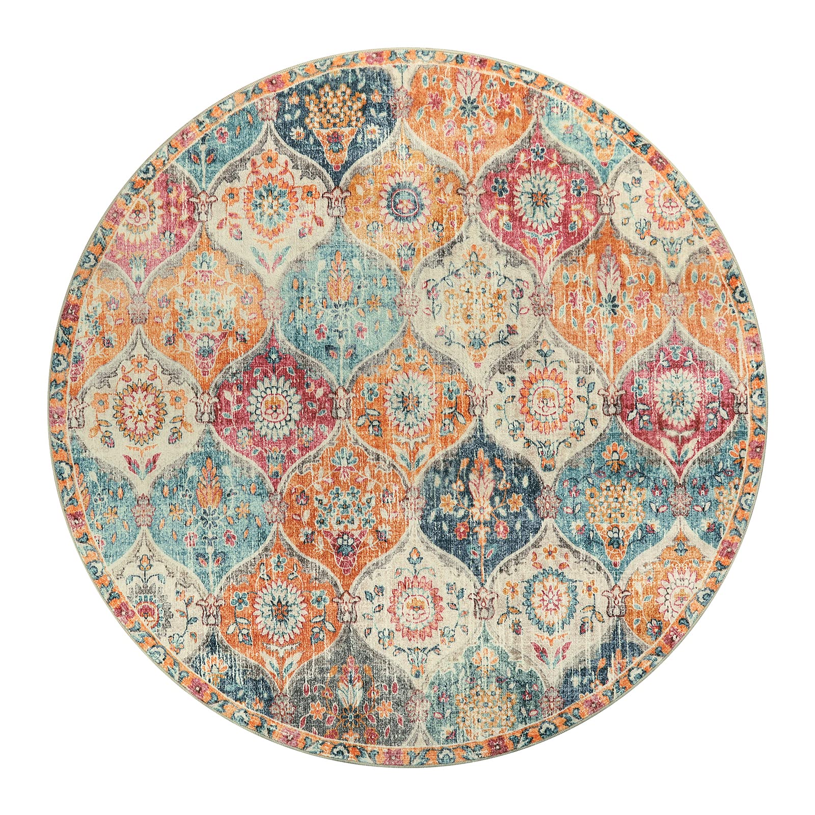 Lahome Moroccan Trellis round rug cream-multi, close-up fabric shows soft faux wool texture