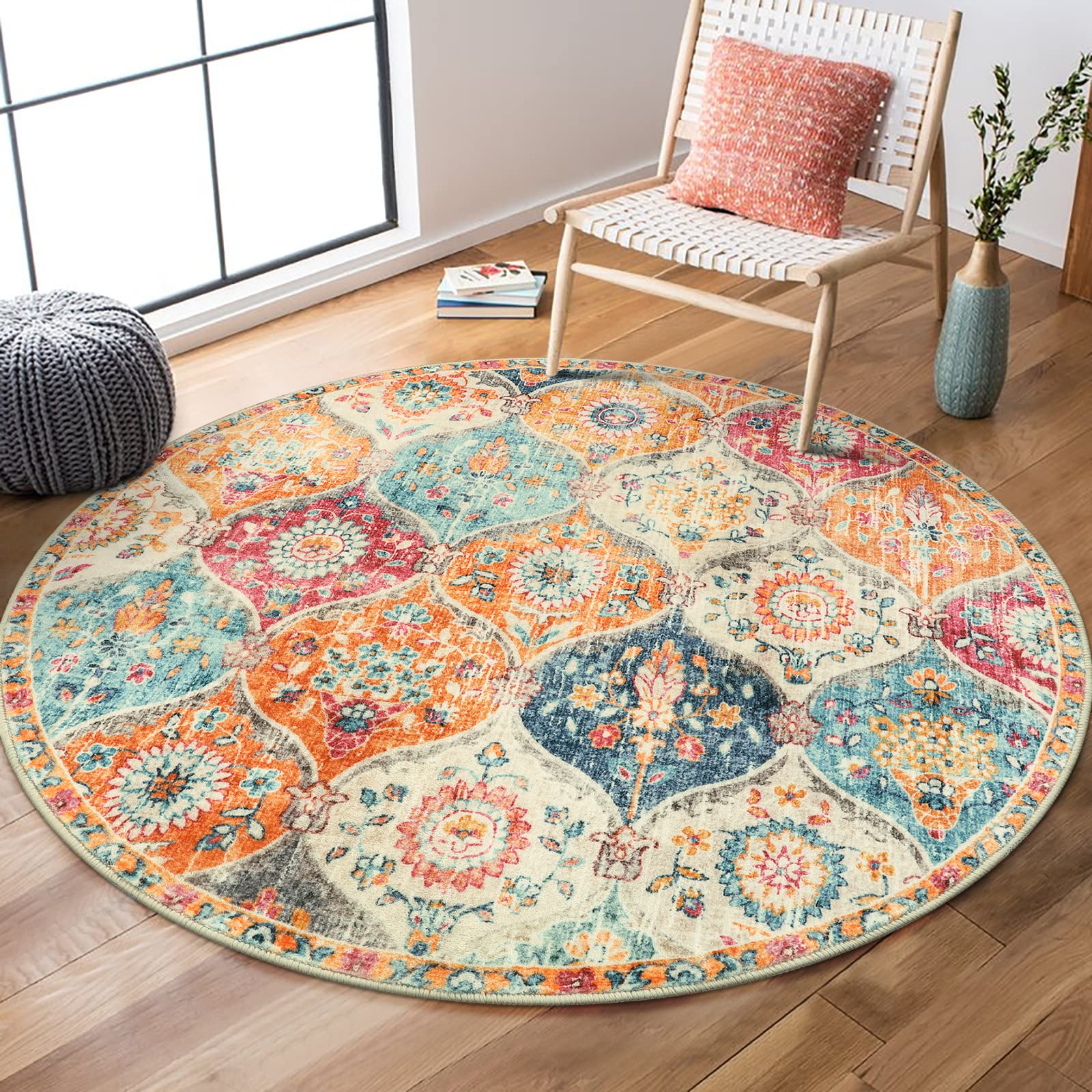 Lahome Moroccan Trellis Round Rug cream multi with subtle floral motif, cozy living room accent.