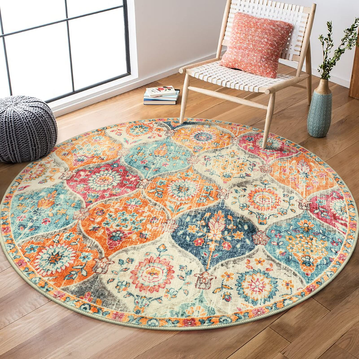 Lahome Moroccan Trellis Round Rug cream multi with subtle floral motif, cozy living room accent.