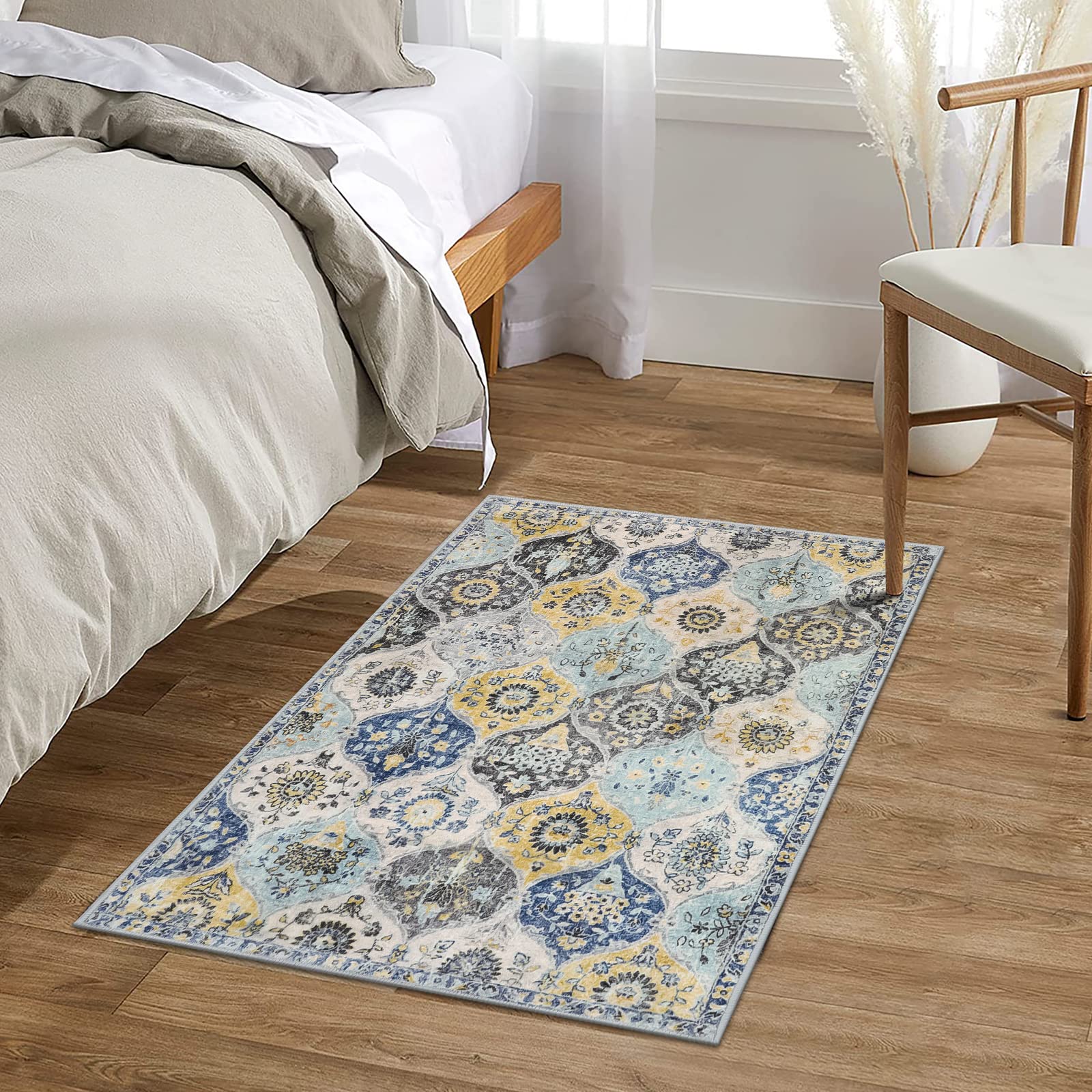 Lahome Moroccan Trellis rug non-slip backing detail on a smooth floor.
