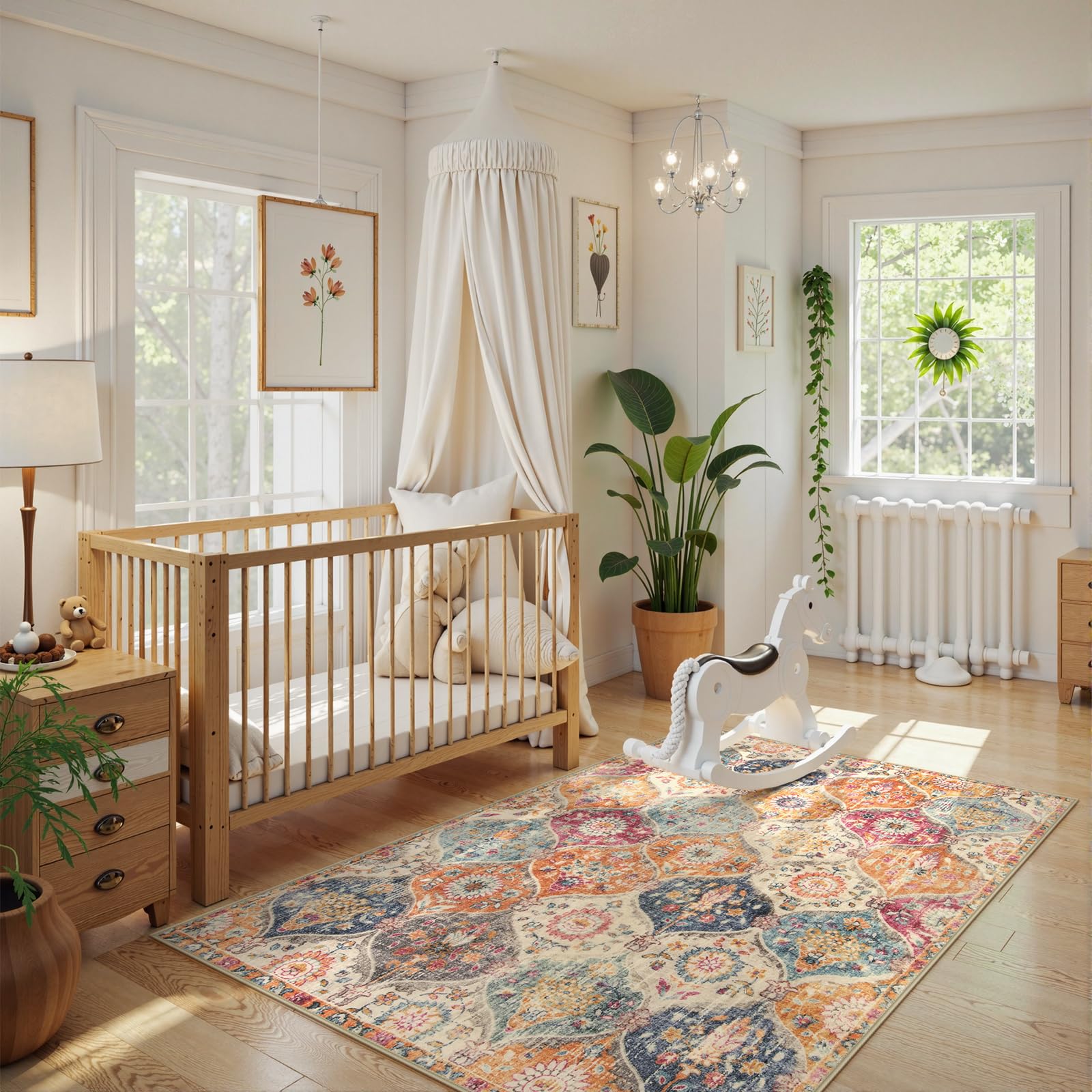 Lahome cream multi rug suits bedroom decor with vintage-inspired motifs.
