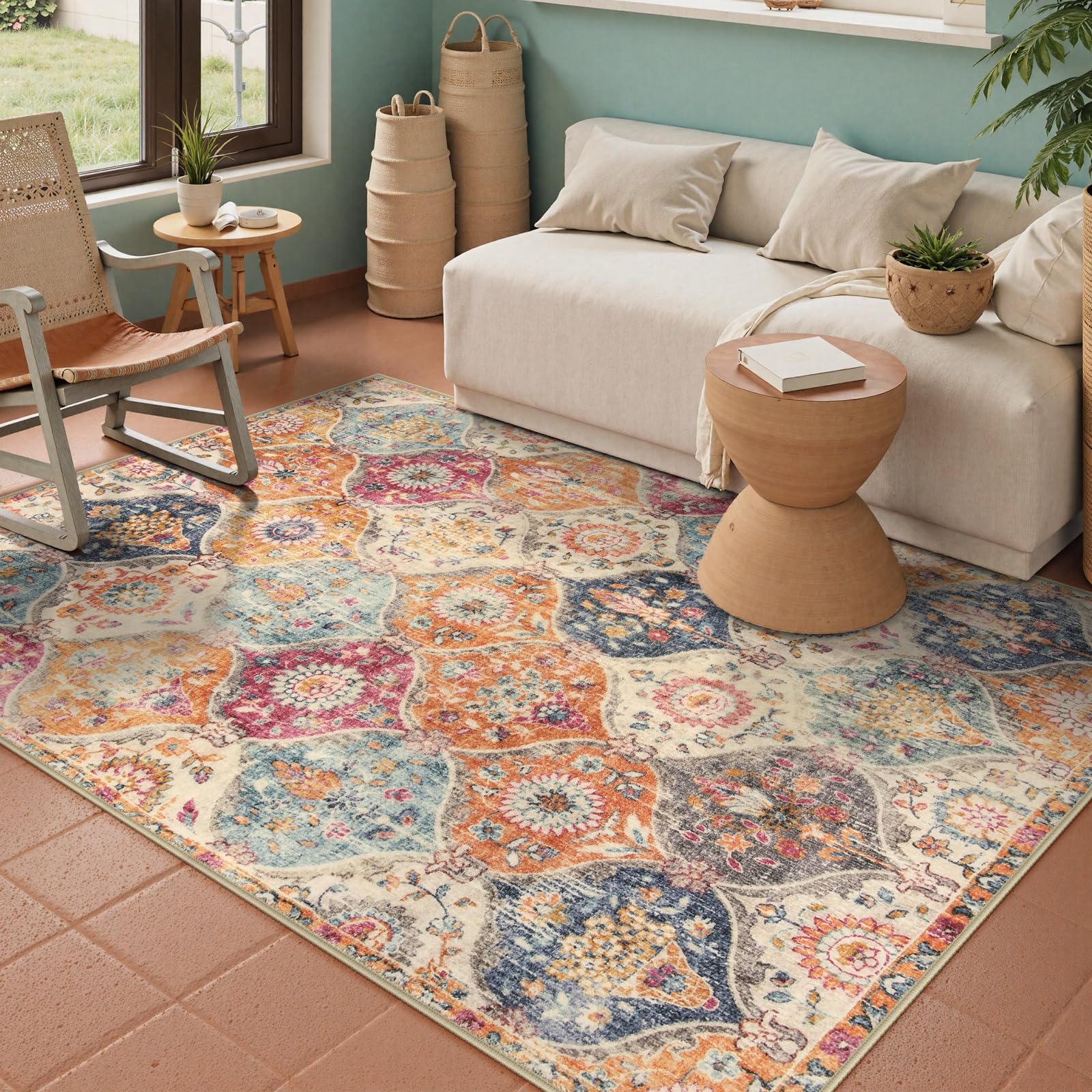 Lahome Moroccan Trellis rug cream multi close-up pattern enhances living room ambiance.