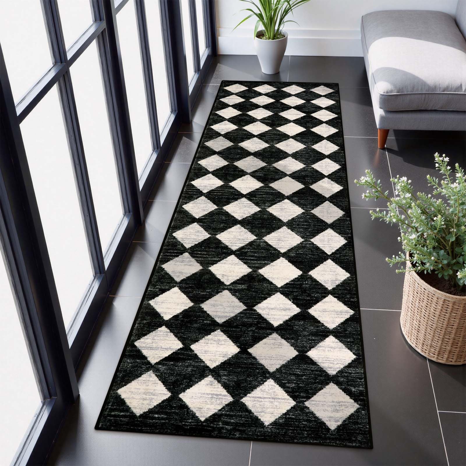 Lahome Moroccan Trellis Runner Rug in black with diamond checkered pattern and non-slip backing for hallways.