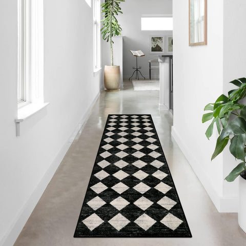 Lahome Moroccan Trellis Runner Rug in black with retro diamond pattern and rubber backing for safety.