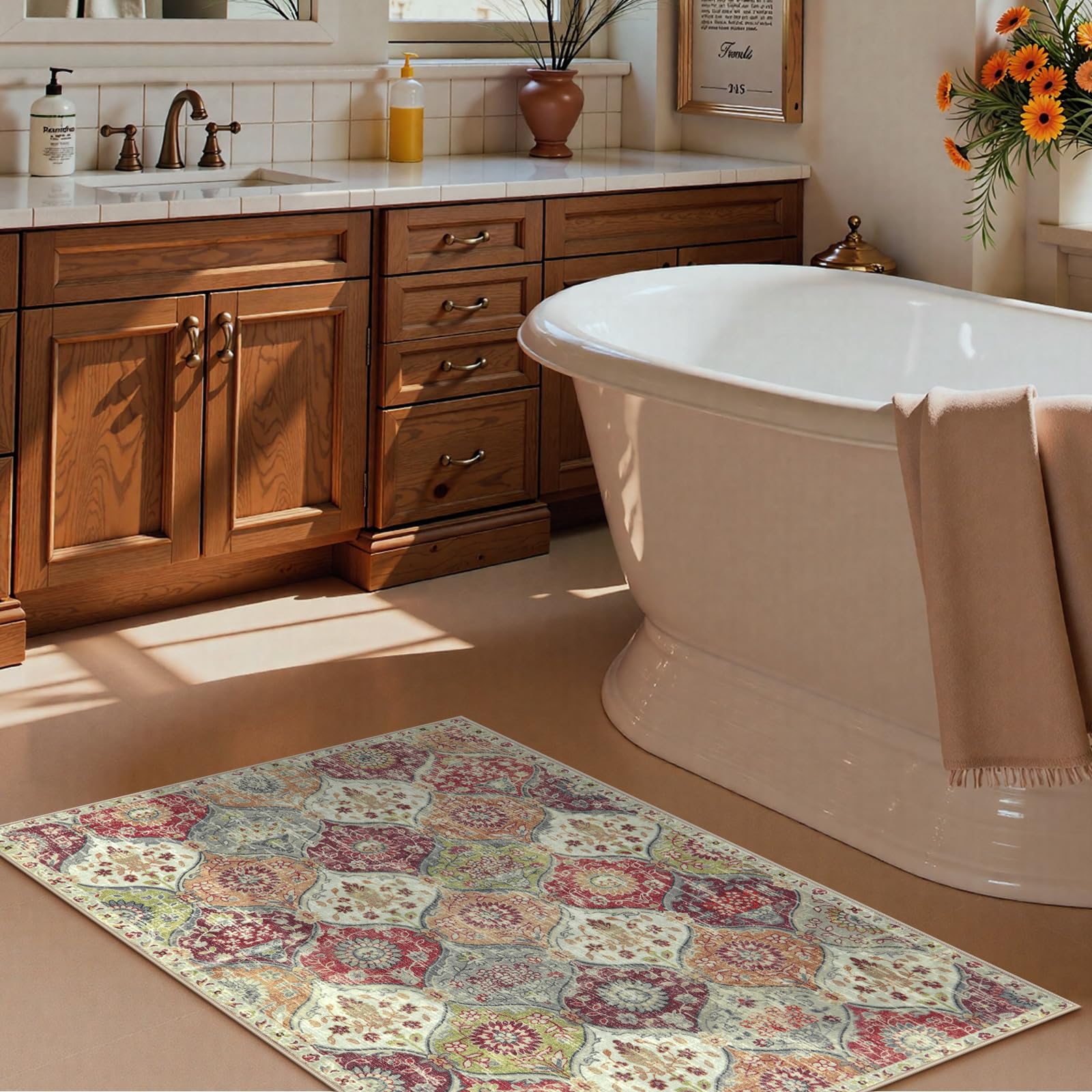Lahome Moroccan Trellis Washable Orange Rug in bathroom with compact size