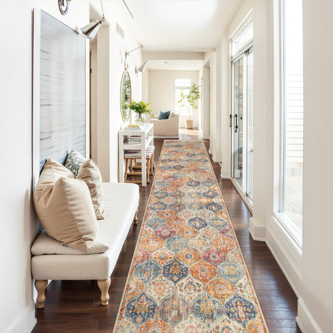 Lahome Moroccan washable runner 2x10 with vintage floral pattern for easy-clean hallways.