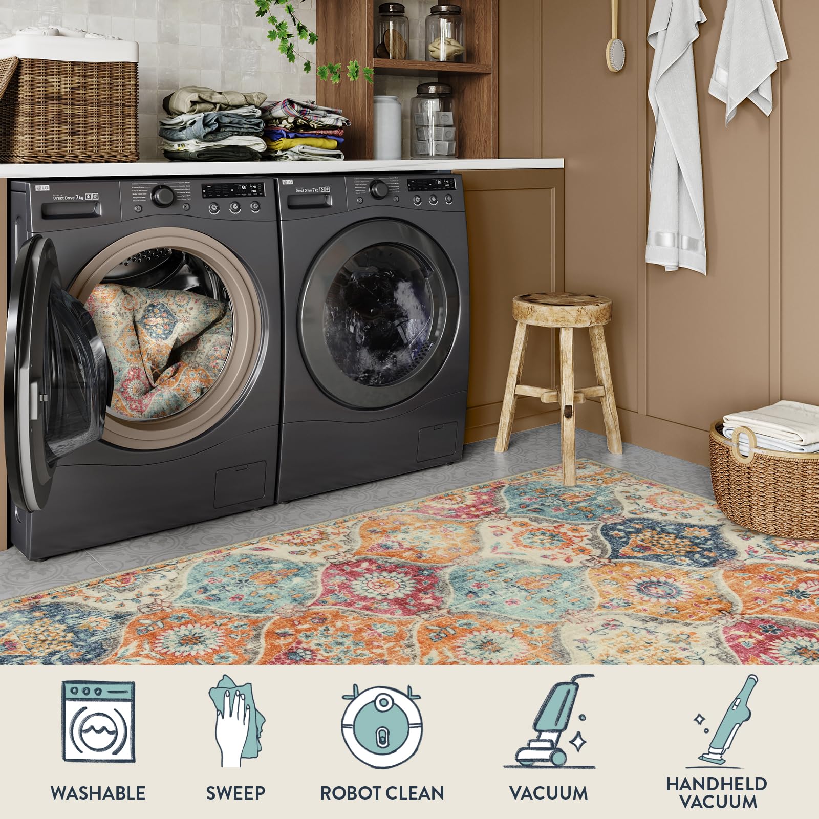 Lahome non-slip backing rug maintains stability on smooth floors.