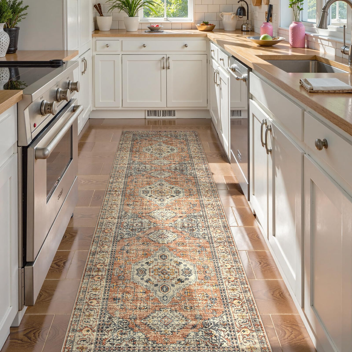 Lahome Oriental Kitchen Runner Eleanor Peach texture provides soft underfoot comfort.