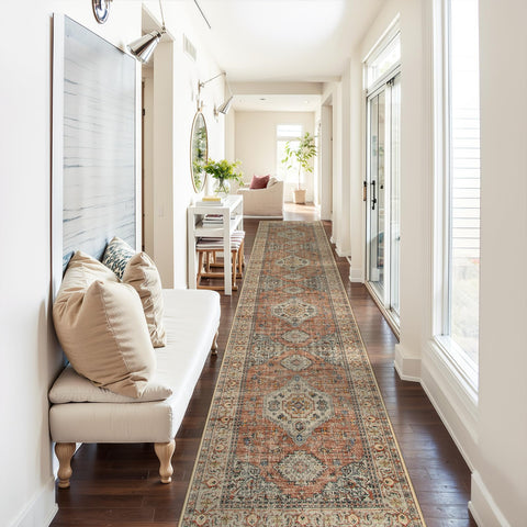 Lahome Oriental kitchen runner peach orange pattern for hallway elegance.