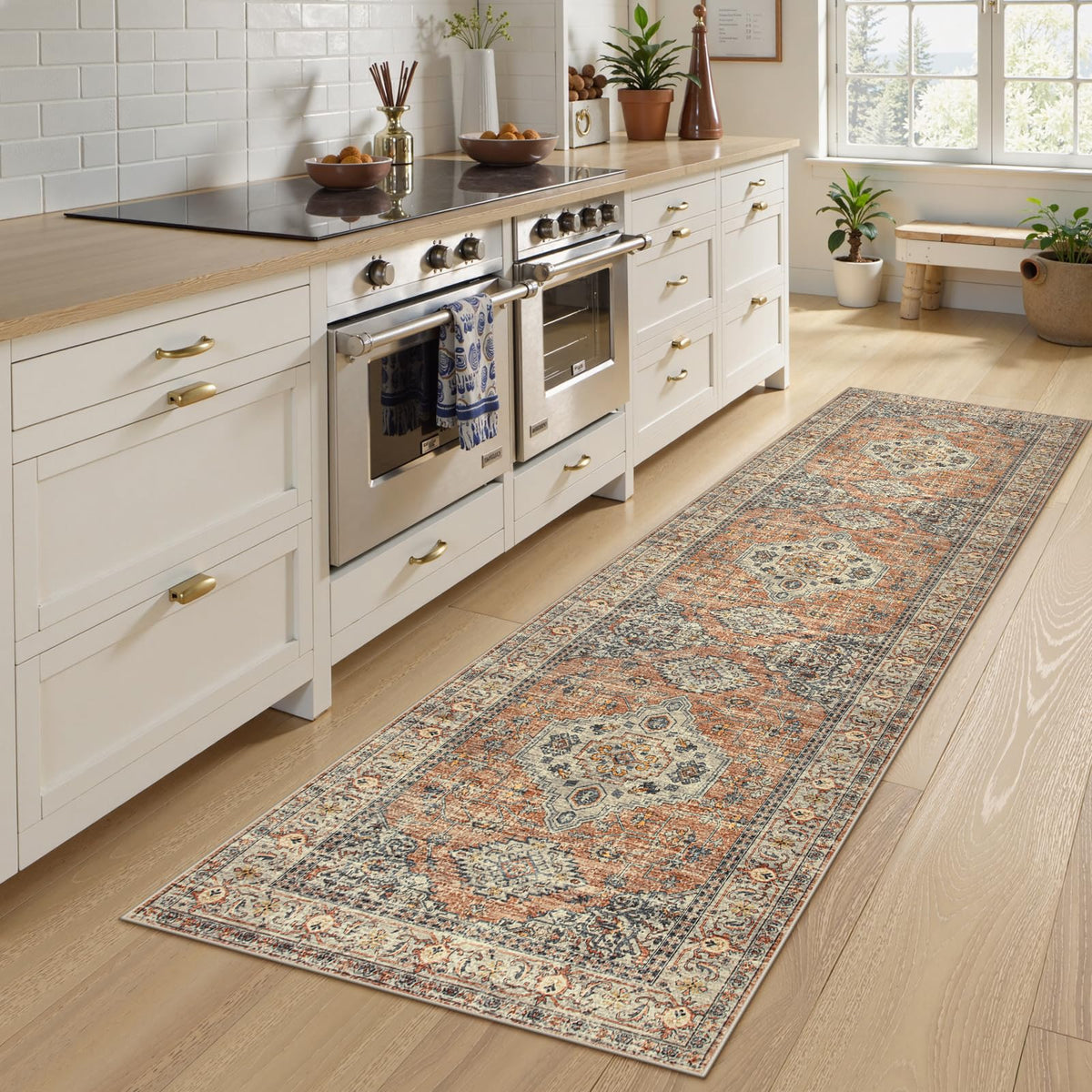 Lahome oriental runner in peach-orange pattern, soft underfoot for kitchen comfort.