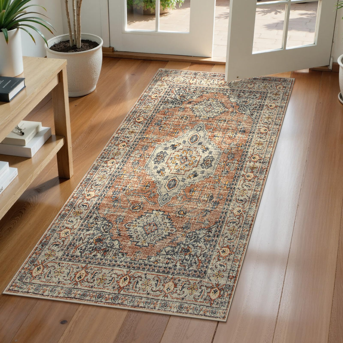 Lahome Oriental small rug front view in peach-orange for entryways