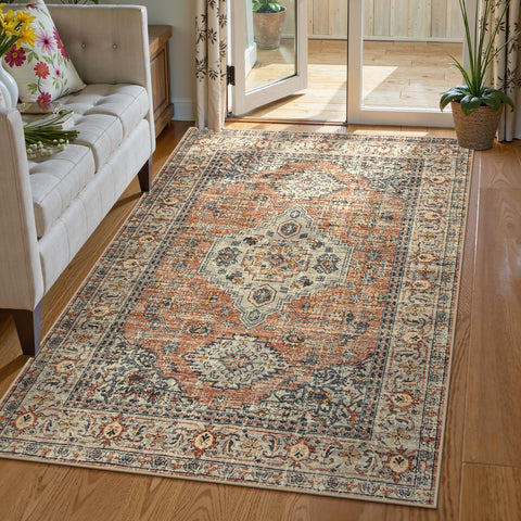 Lahome Oriental washable rug in a bedroom offers soft comfort and easy machine washing