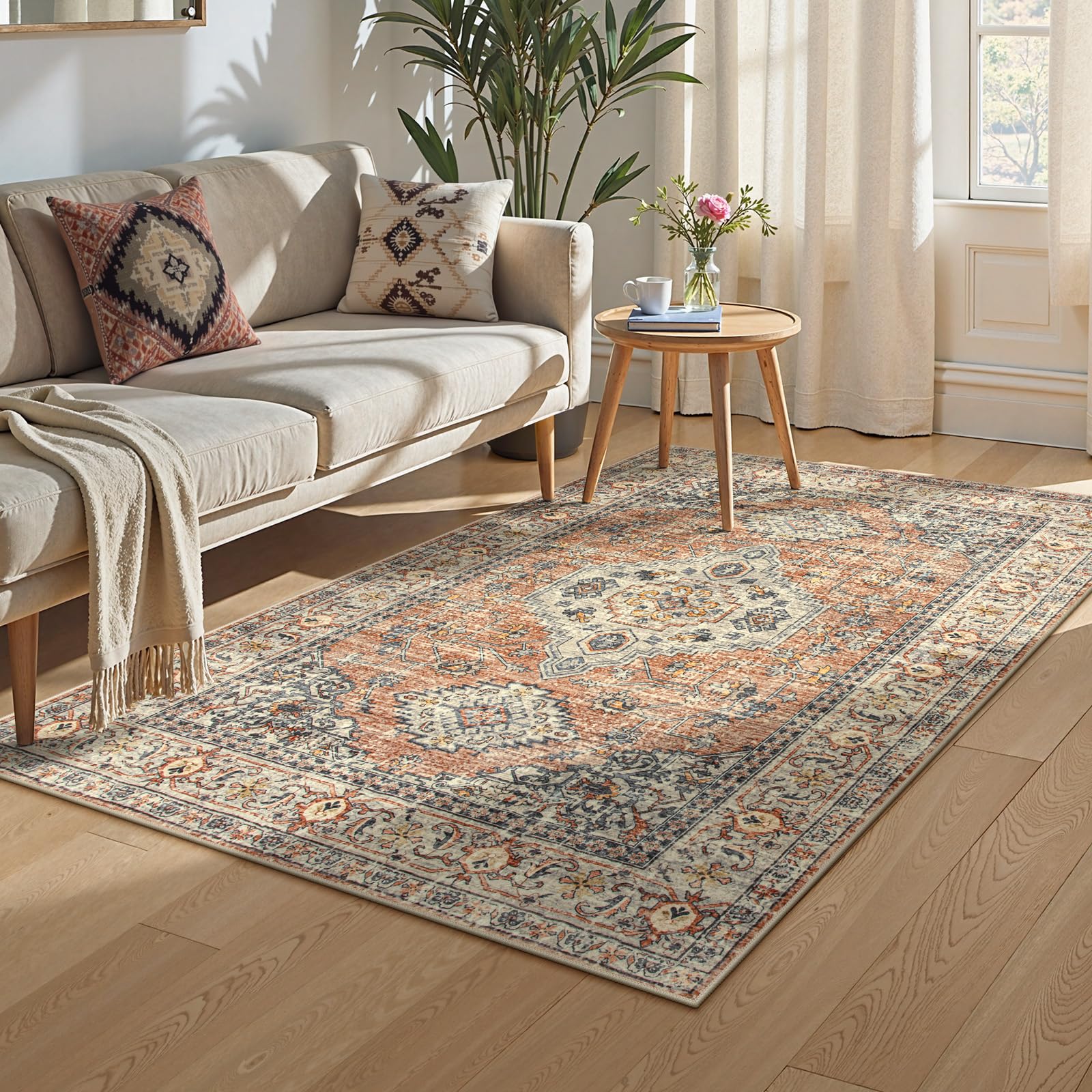 Lahome Oriental washable rug in an entryway adds warmth and handles daily traffic