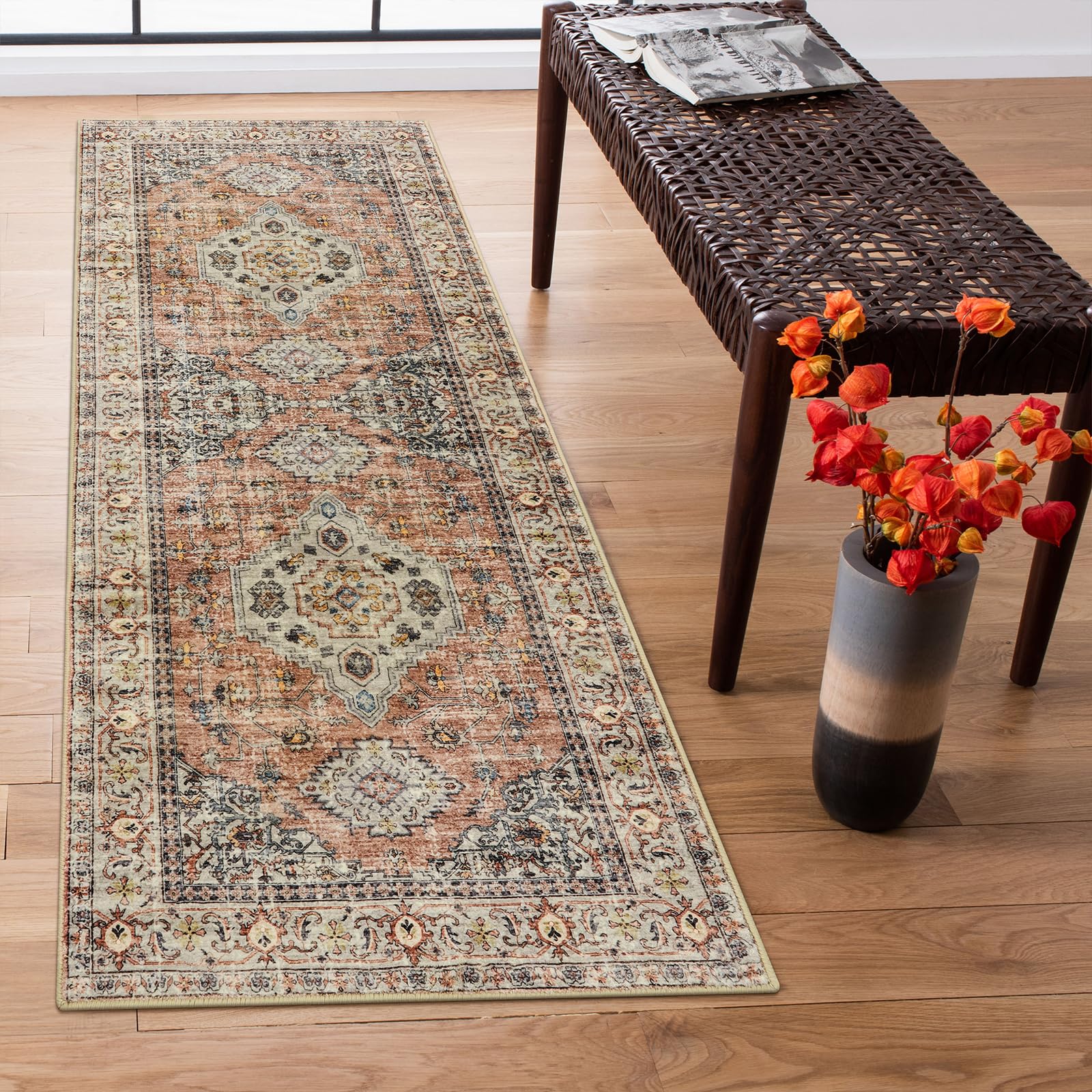 Lahome oriental washable runner rug peach orange - easy to clean and family-friendly.