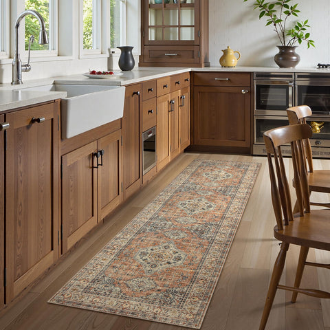 Lahome oriental peach-orange pattern washable runner rug for vibrant décor.