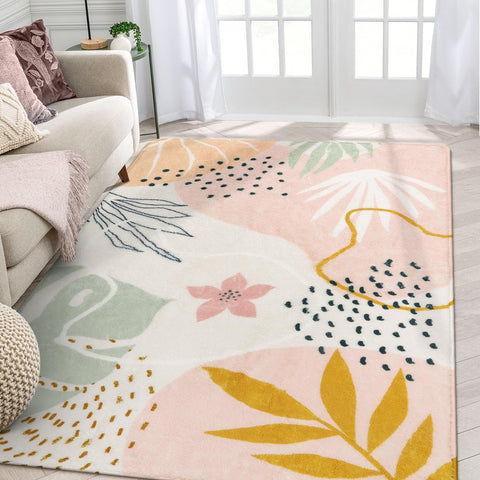 Lahome Pink Rug in living room with soft botanical pattern for cozy floors