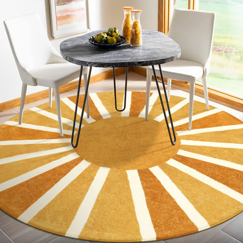 Lahome rainbow sun print rug adds playful color to rooms.