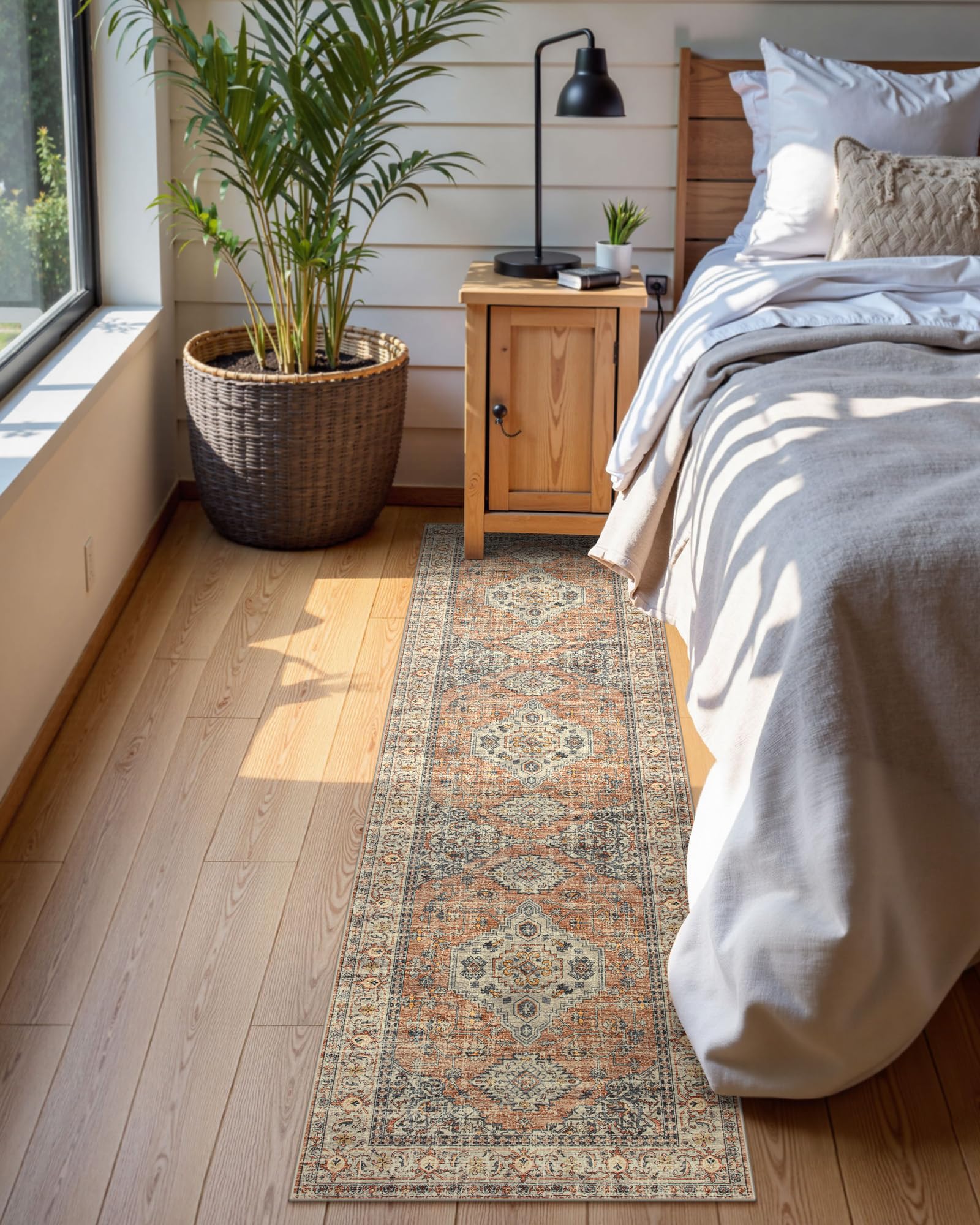 Lahome washable kitchen runner in peach-orange oriental style, easy care and quick cleanups.